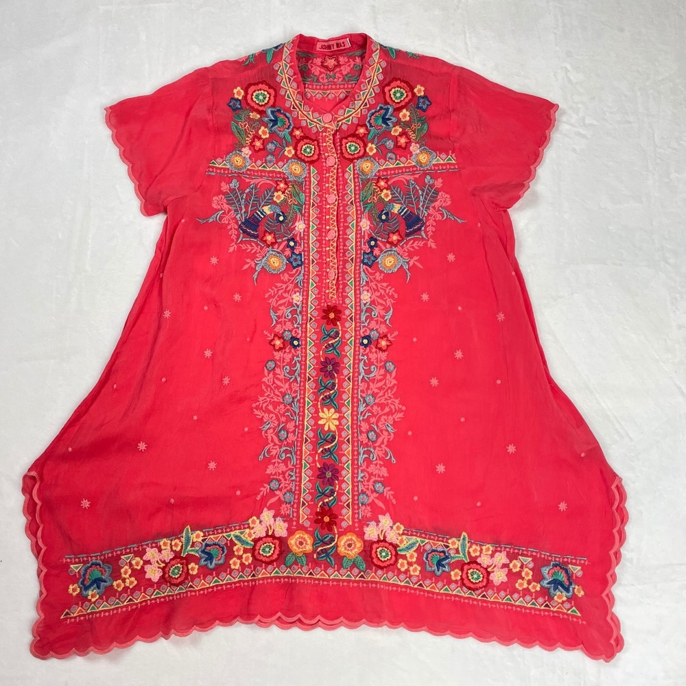 Johnny Was Tunic Women Small Coral Pink Excellent Embroidered Floral Boho Top